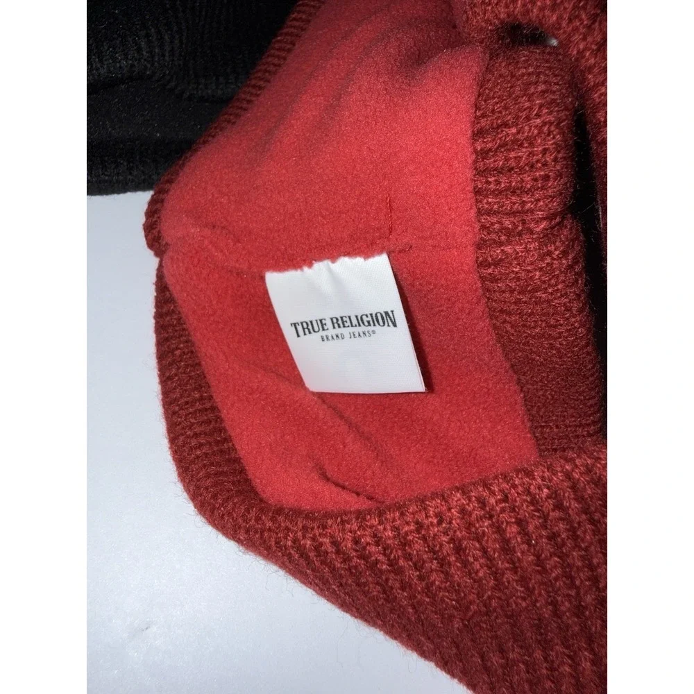 True Religion Unisex Headwrap 2pc Set Black Red Knit Stretch Logo NEW